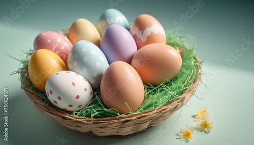 Colorful painted easter eggs in a nest background