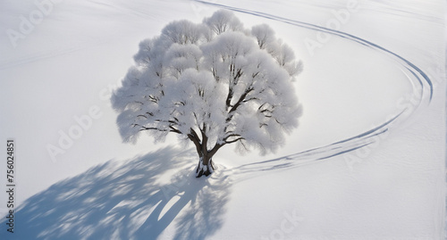 Photo taken by drone of a large white tree in winter. The shadow of the tree hits the snow on the ground. Lines on the snow surface moving towards the tree. - Generative AI