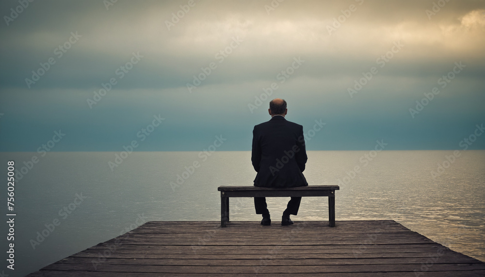 An image that portrays the emotion of melancholy, with a lone person sitting on the edge of a pier, gazing out at the vast expanse of the ocean. The figure's posture is slouched, and their expression An image that portrays the emotion of melancholy, with a lone person sitting on the edge of a pier, gazing out at the vast expanse of the ocean. The figure's posture is slouched, and their expression