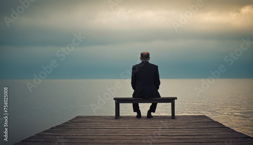 An image that portrays the emotion of melancholy, with a lone person sitting on the edge of a pier, gazing out at the vast expanse of the ocean. The figure's posture is slouched, and their expression 