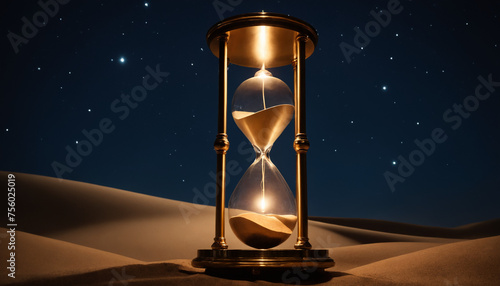 The concept of time as an hourglass suspended in mid-air, with golden sand cascading gracefully from the top bulb to the bottom. The hourglass stands against a backdrop of a starry night sky