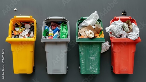 An overhead view of trash bins and various types of garbage isolated on a grey background, illustrating the concept of recycling.
