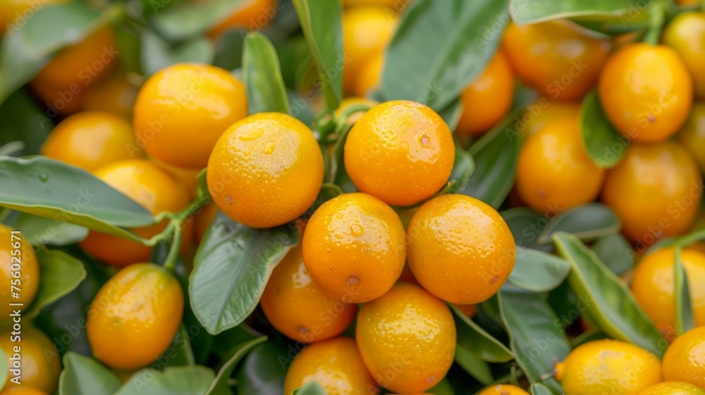 Close-up View of Vibrant Orange Kumquats on Tree with Lush Green Leaves, Fresh Citrus Fruit Background Close-up View of Vibrant Orange Kumquats on Tree with Lush Green Leaves, Fresh Citrus Fruit Background