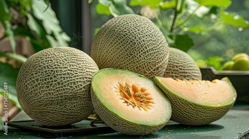 Fresh Cantaloupes on a Table with One Melon Cut Open Revealing Juicy Flesh and Seeds by a Window