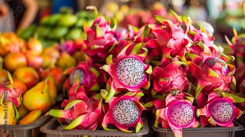 Fresh Exotic Dragon Fruit Displayed in Colorful Arrangement at Marketplace with Tropical Fruits Background