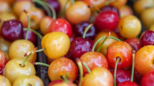 Close-up Assortment of Fresh Ripe Red and Yellow Cherries with Water Drops  Colorful Fruit Background