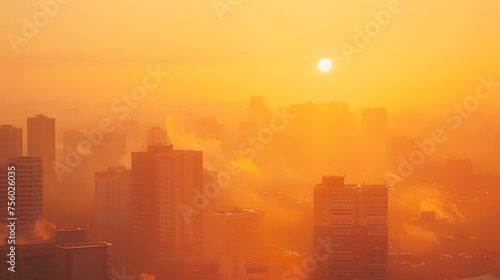 Air pollution. Smog and fine dust of pm2.5 covered city in the morning with orange sunrise sky. Cityscape with polluted air. Dirty environment. Urban toxic dust. Unhealthy air. Urban unhealthy living.