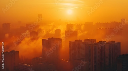 Air pollution. Smog and fine dust of pm2.5 covered city in the morning with orange sunrise sky. Cityscape with polluted air. Dirty environment. Urban toxic dust. Unhealthy air. Urban unhealthy living.