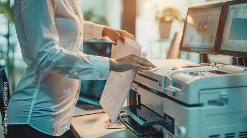 Businessman print paper on a multifunction laser printer in business office. Document and paperwork. Secretary work. Copy, print, scan, and fax machine. Print technology. Photocopy.