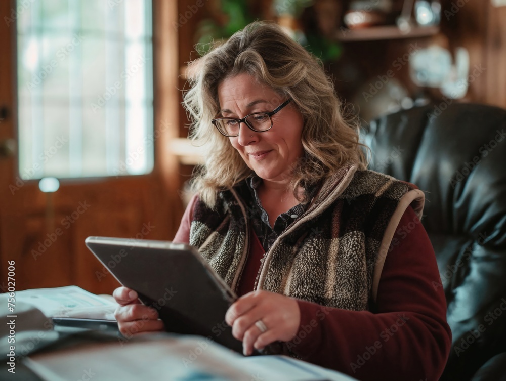Mature woman working at home casual office using tablet computer to send emails, read, manager, planning, finances, accounting, research from home, Mature woman working at home casual office using tablet computer to send emails, read, manager, planning, finances, accounting, research from home,