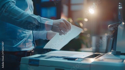 Businessman print paper on a multifunction laser printer in business office. Document and paperwork. Secretary work. Copy, print, scan, and fax machine. Print technology. Photocopy.