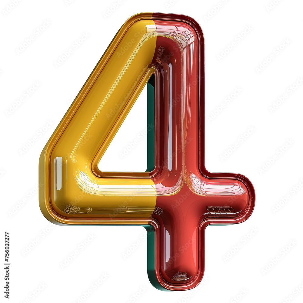 Number 4 in Red Yellow Green Isolated on Transparent or White Background, PNG
