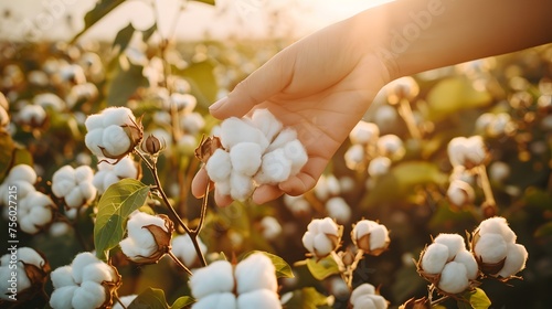 Farmer hand picking white boll of cotton. Cotton farm. Field of cotton plants. Sustainable and eco-friendly practice on a cotton farm. Organic farming. Raw material for textile industry. photo