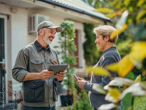 Lawn arborist technician installer worker talking to customer making a sale in the front yard of a home, happy conversation about work well done, working class, casual, outdoors photo