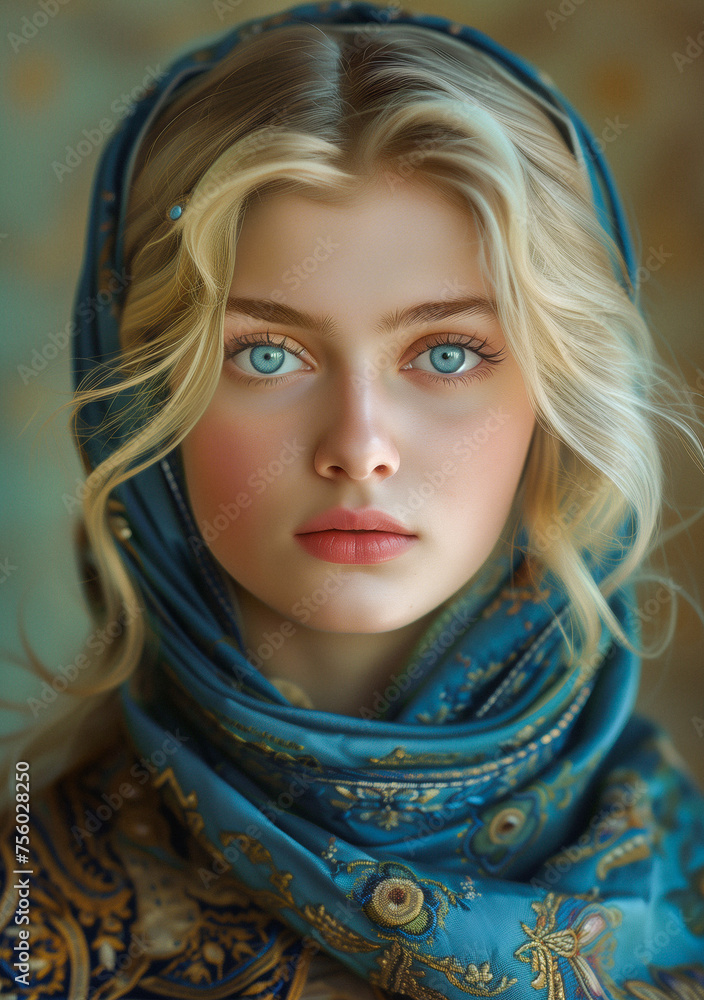 Woman Wearing Blue Scarf. Generative AI Woman Wearing Blue Scarf. Generative AI