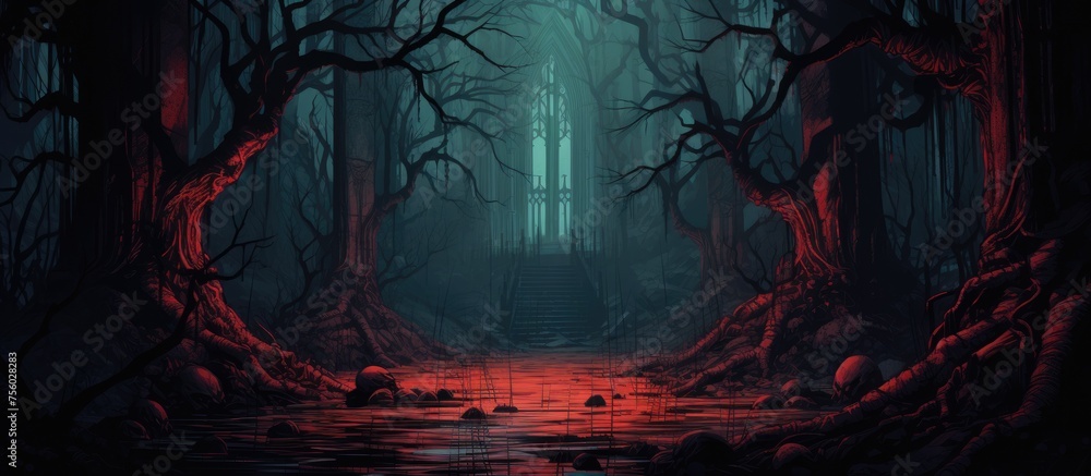 Fototapeta premium A mysterious ecoregion with crimson trees and a flowing river cutting through the dense forest. The dark sky adds to the eerie natural landscape