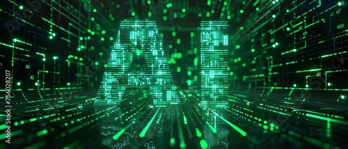 Digital green matrix binary code forms the letters AI, symbolizing the concept of Artificial Intelligence. 