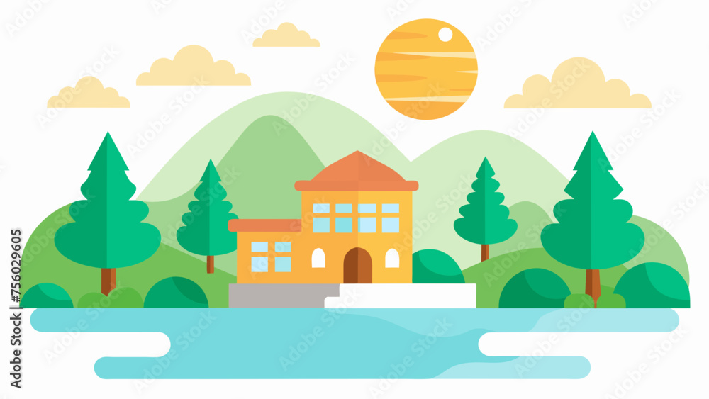 Obraz premium a cute school and sunlight on the river of tree,hill and vector on white background