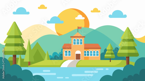 a cute school and sunlight on the river of tree hill   and vector on white background