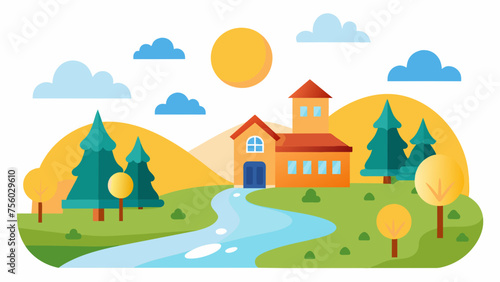 a cute school and sunlight on the river of tree hill   and vector on white background