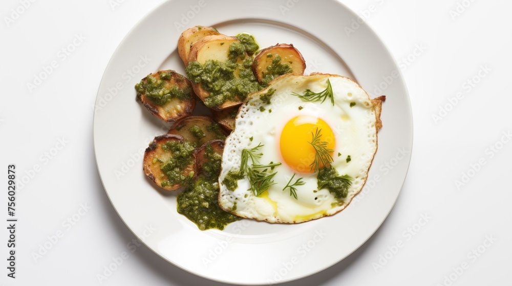 Photo of TWO FRIED EGGS accompanied by CHIMICHURRI BUTTER and CRISPY POTATOES, served on a white round plate against a white background, captured from a top view Photo of TWO FRIED EGGS accompanied by CHIMICHURRI BUTTER and CRISPY POTATOES, served on a white round plate against a white background, captured from a top view