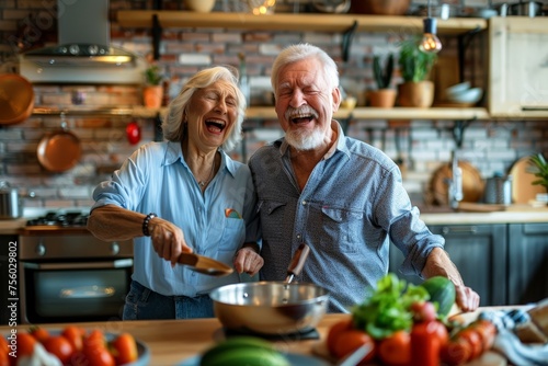 Happy senior husband and wife have fun sing in kitchen appliances cooking together at home. Overjoyed mature grey-haired Caucasian couple feel energetic active enjoy family retirement weekend