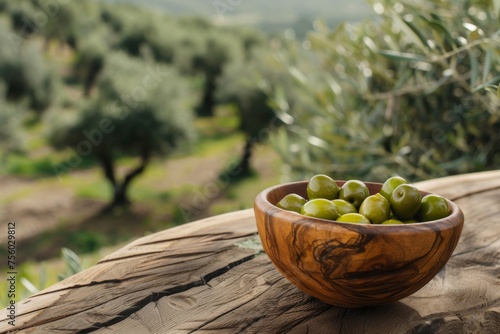 Bowl of Fresh Olives on a Wooden Table Overlooking the Lush Countryside