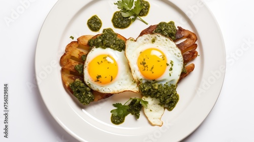 Picture featuring TWO FRIED EGGS with CHIMICHURRI BUTTER and CRISPY POTATOES on a white round plate against a white background, photographed from above