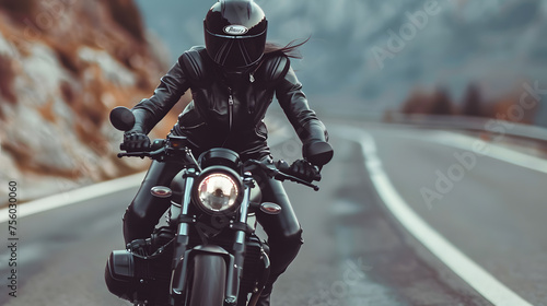 A woman is riding a motorcycle with a helmet on. She is wearing leather and has sunglasses on. Concept of freedom and adventure, as the woman is enjoying her ride on the open road