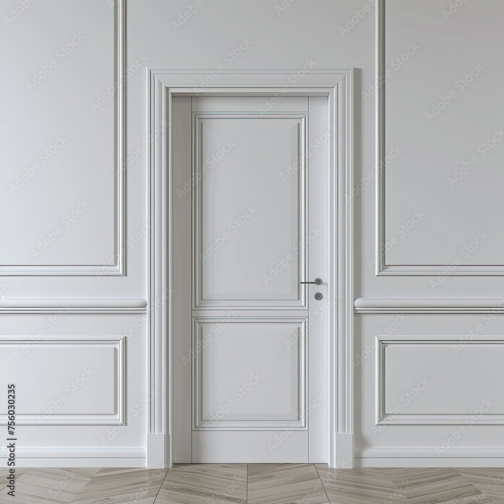 3d rendering of white door with trim on grey wall background. classic interior design concept 3d rendering of white door with trim on grey wall background. classic interior design concept