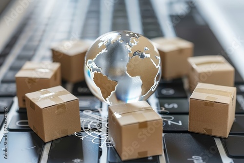 International freight or shipping service for online shopping or ecommerce concept : Paper boxes or carton put in circle around a clear crystal globe with world map on a computer notebook keyboard