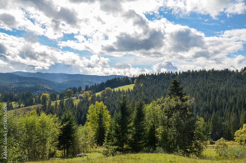 Summer landscape with rural houses rolling hills nestled amidst the lush greenery and evergreen deciduous trees against the backdrop of distant mountains. Carpathian, Ukraine 