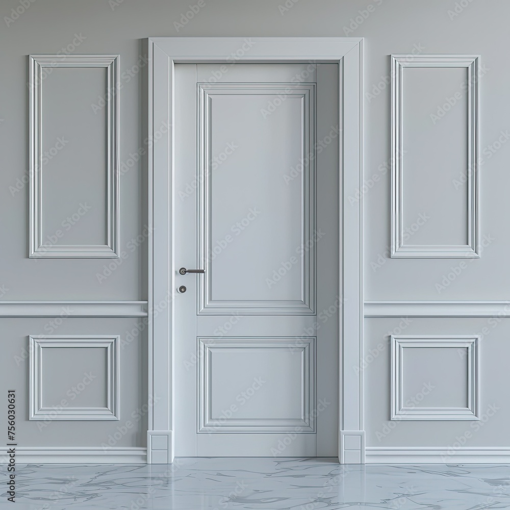 3d rendering of white door with trim on grey wall background. classic interior design concept 3d rendering of white door with trim on grey wall background. classic interior design concept