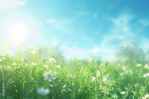 Tranquil Meadow of White Flowers Bathed in Sunlight on a Clear Summer Day