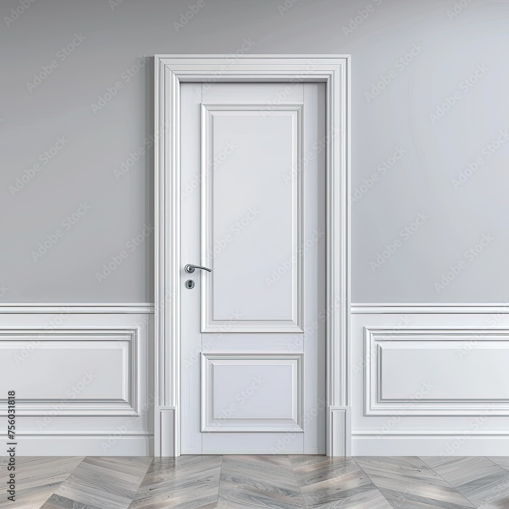 3d rendering of white door with trim on grey wall background. classic interior design concept 3d rendering of white door with trim on grey wall background. classic interior design concept