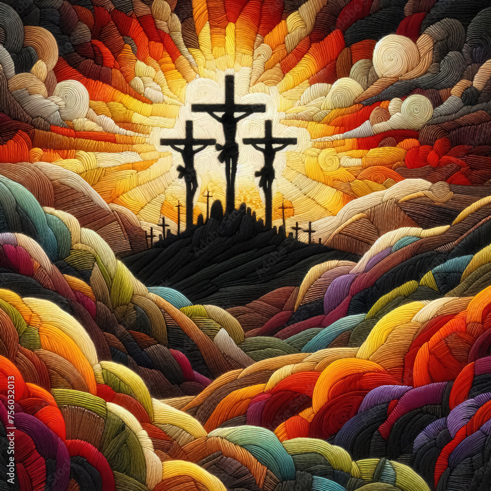 Obraz premium Felt art patchwork, View on the three Crosses on Golgotha at sunrise