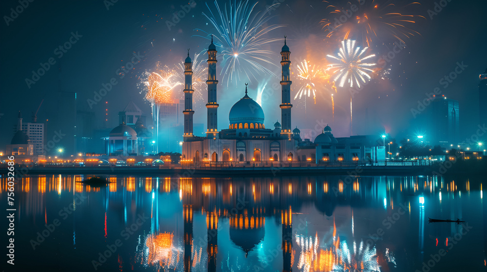 islamic new year, fireworks, mosque, night sky