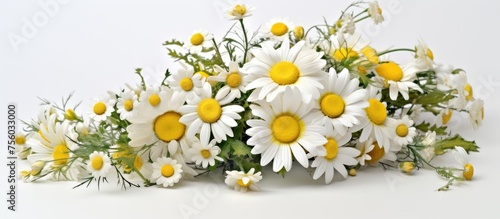 A beautiful flower arrangement of daisies with yellow centers on a white background, creating a stunning display of creative art