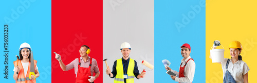 Group of builders on color ...