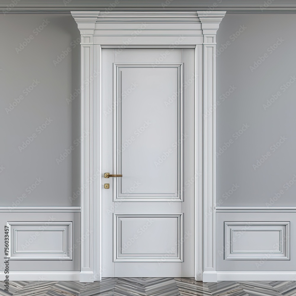 3d rendering of white door with trim on grey wall background. classic interior design concept 3d rendering of white door with trim on grey wall background. classic interior design concept