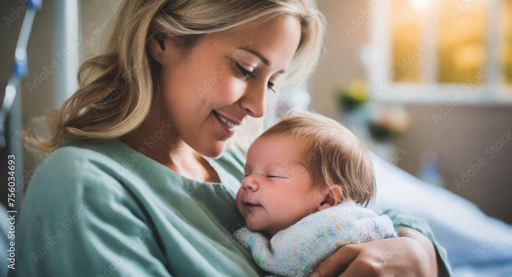 Newborn baby is held in mother's arms in hostpital bed after birth Newborn baby is held in mother's arms in hostpital bed after birth