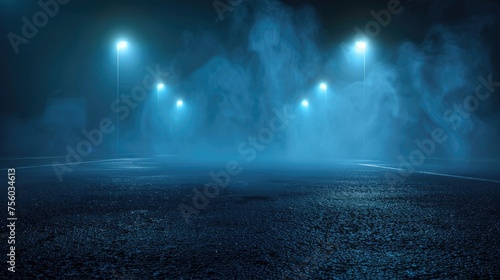 Dark blue background fog and light on floor. Mystical mist. smoke in dark room. Banner show product. neon light, The asphalt floor and studio room with smoke