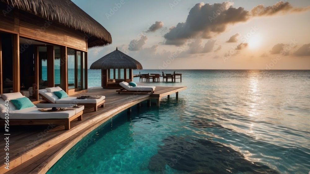 Obraz premium Sumptuous beachfront retreat on the idyllic shores of the Maldives, boasting unparalleled views of turquoise waters and overwater bungalows with direct access to the Ocean