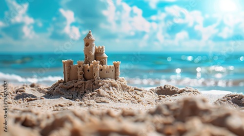 a sand castle on a beach. Enjoy the summer vacation. Have fun on the beach
