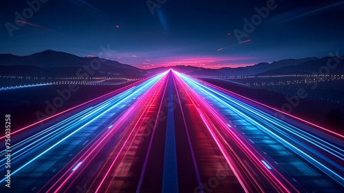 Neon Light Trails on Highway with Mountainous Horizon at Night