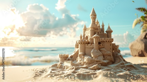 a sand castle on a beach. Enjoy the summer vacation. Have fun on the beach