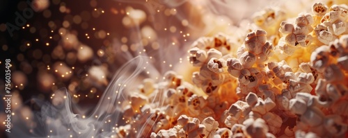 Fresh popcorn kernels burst open with dynamic sparks and swirls of smoke against a dark background, capturing the lively essence of snack time