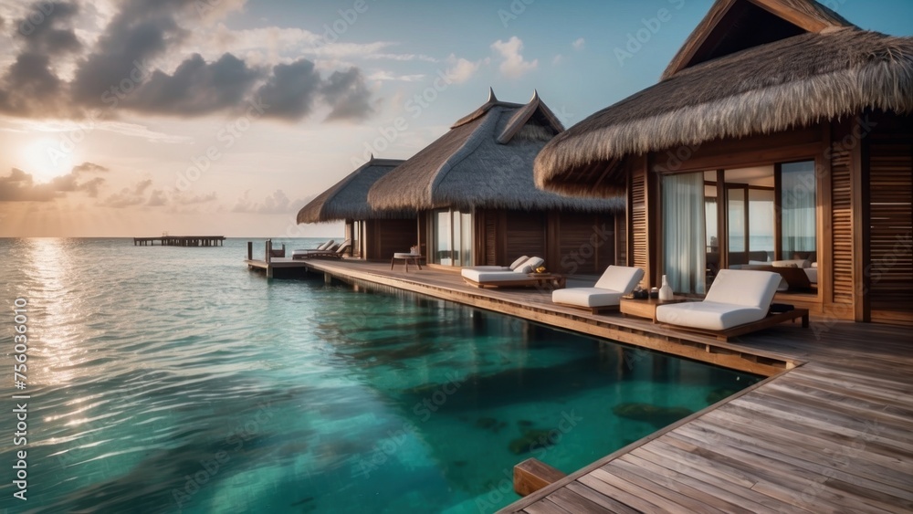 Sumptuous beachfront retreat on the idyllic shores of the Maldives, boasting unparalleled views of turquoise waters and overwater bungalows with direct access to the Ocean