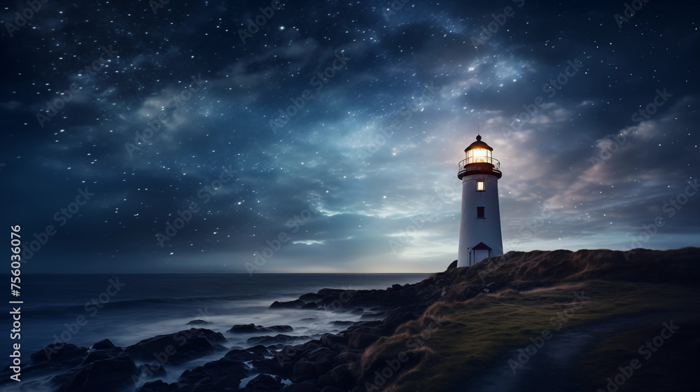 Lighthouse on the seaside at night
