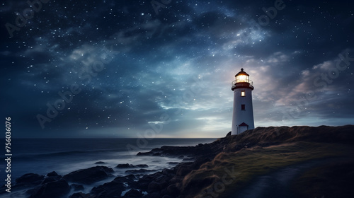 Lighthouse on the seaside at night